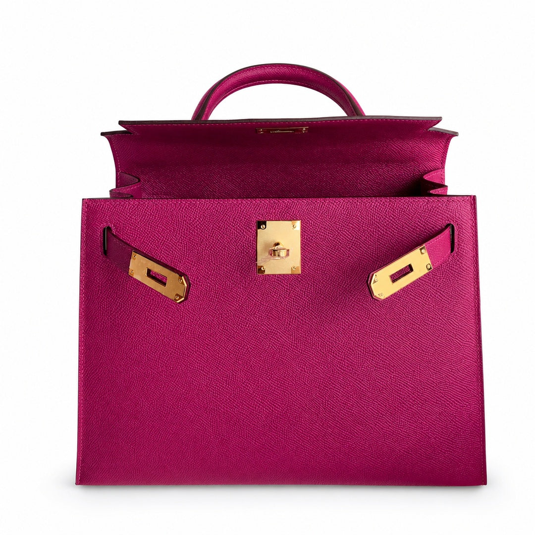 Kelly 28 L3 Rose Purple Epsom Gold Buckle, handmade with wax thread — Streamlined Top-Handle Handbag