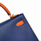 Kelly 25 sapphire blue with classic orange Epsom frosted Gold Buckle handmade — Elegant Structured Carry Style