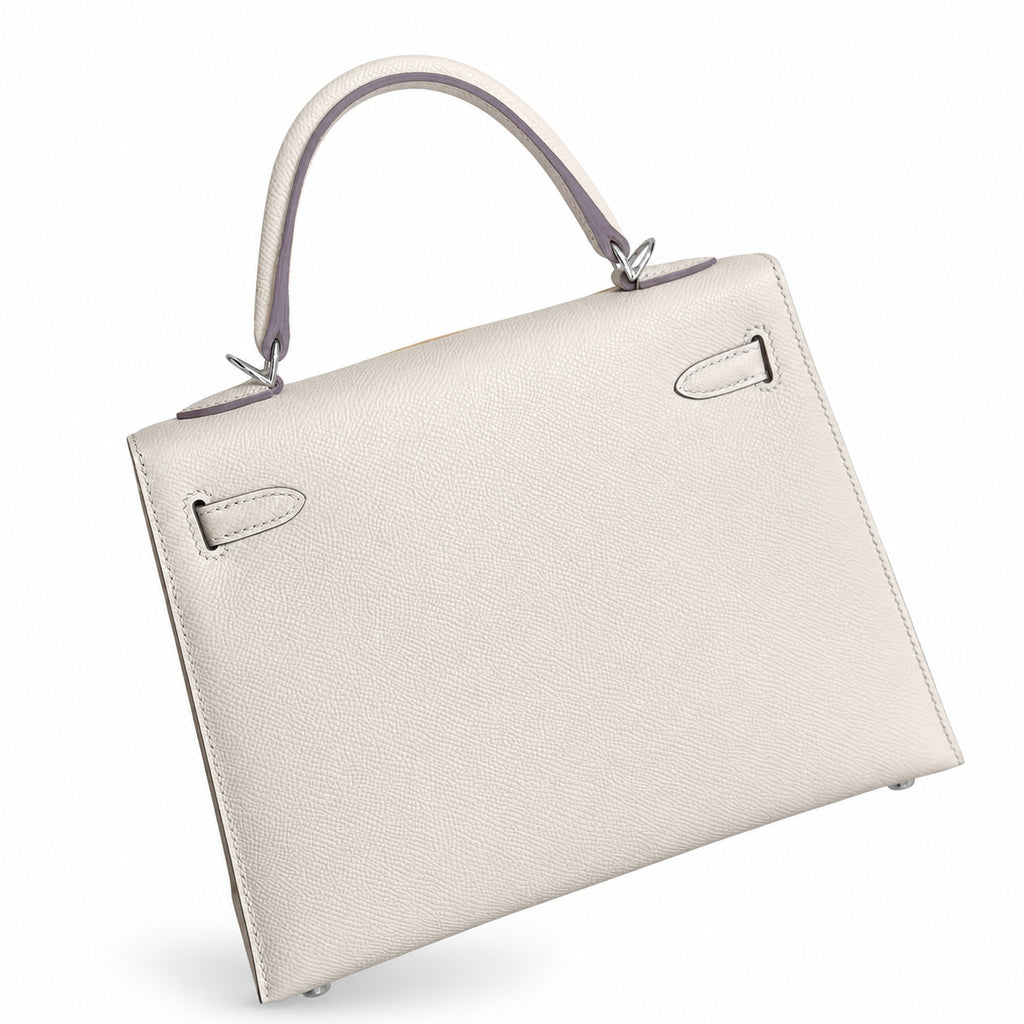 Milkshake White, Gold Buckle and Silver Buckle, Kelly 25, imported Epsom — Polished Structured Handbag