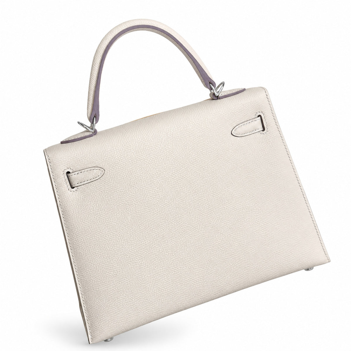 Milkshake White, Gold Buckle and Silver Buckle, Kelly 25, imported Epsom — Polished Structured Handbag