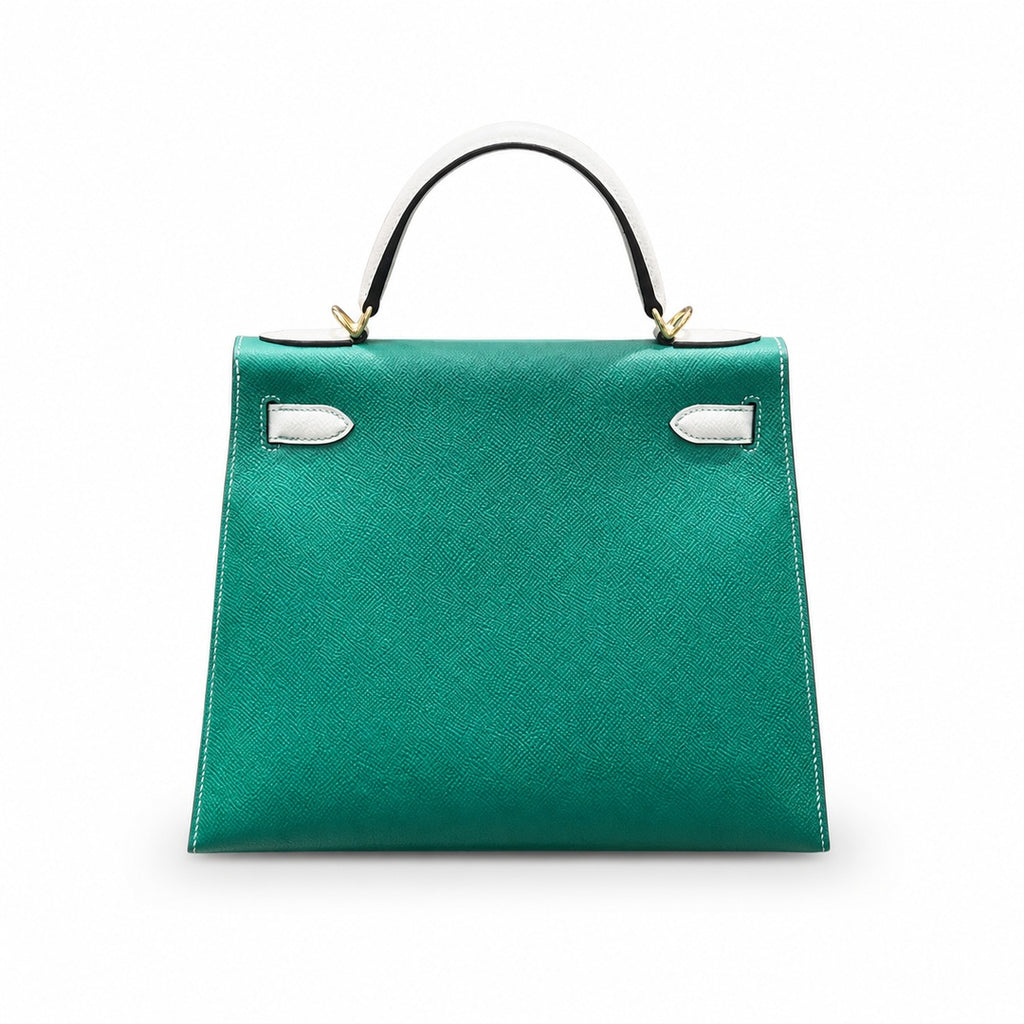 Kelly 28cm Epsom Leather U4 Vert Vertigo Velvet Green with 10 Craie Milkshake White top handcraft — Structured Top-Handle Handbag
