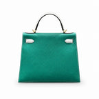 Kelly 28cm Epsom Leather U4 Vert Vertigo Velvet Green with 10 Craie Milkshake White top handcraft — Structured Top-Handle Handbag