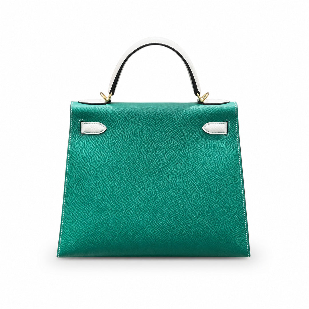 Kelly 28cm Epsom Leather U4 Vert Vertigo Velvet Green with 10 Craie Milkshake White top handcraft — Structured Top-Handle Handbag