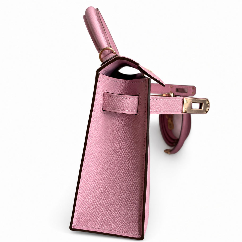 handmade Mini Kelly II 19cm imported Epsom Leather, malva purple, Rose Gold Buckle — Sophisticated Small-Scale Bag