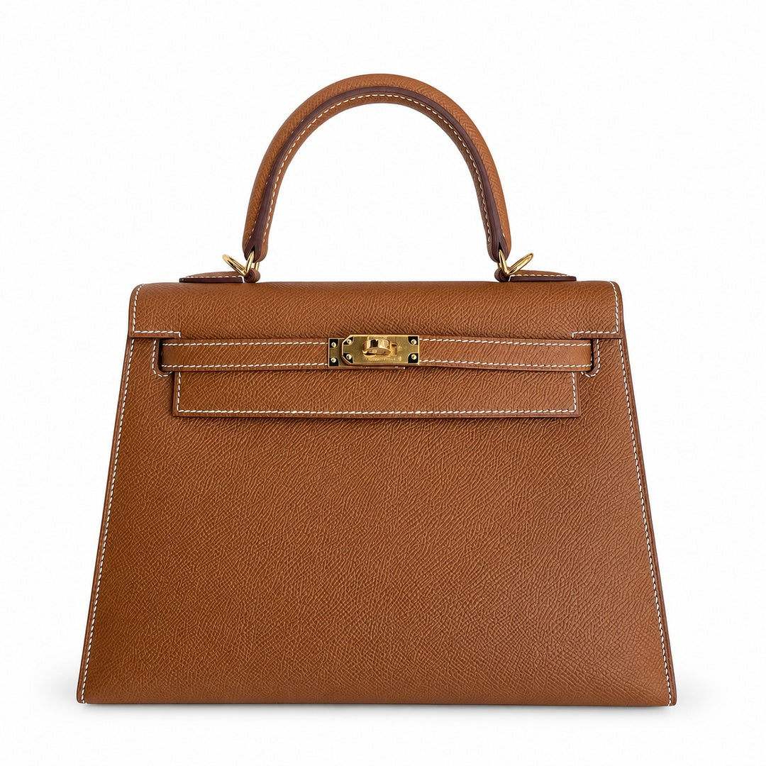 Kelly 25 Golden Brown Gold Buckle Epsom pure hand sewing wax thread — Streamlined Top-Handle Handbag