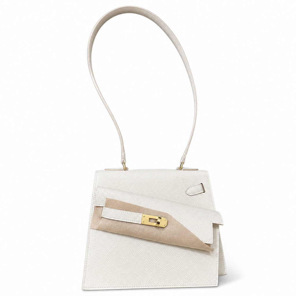 Kelly Desordre 20cm Sellier double-sided Epsom original palm print leather ck10 Milkshake White Craie Gold Buckle GHw top hand sewing — Double-Sided Structured Handbag