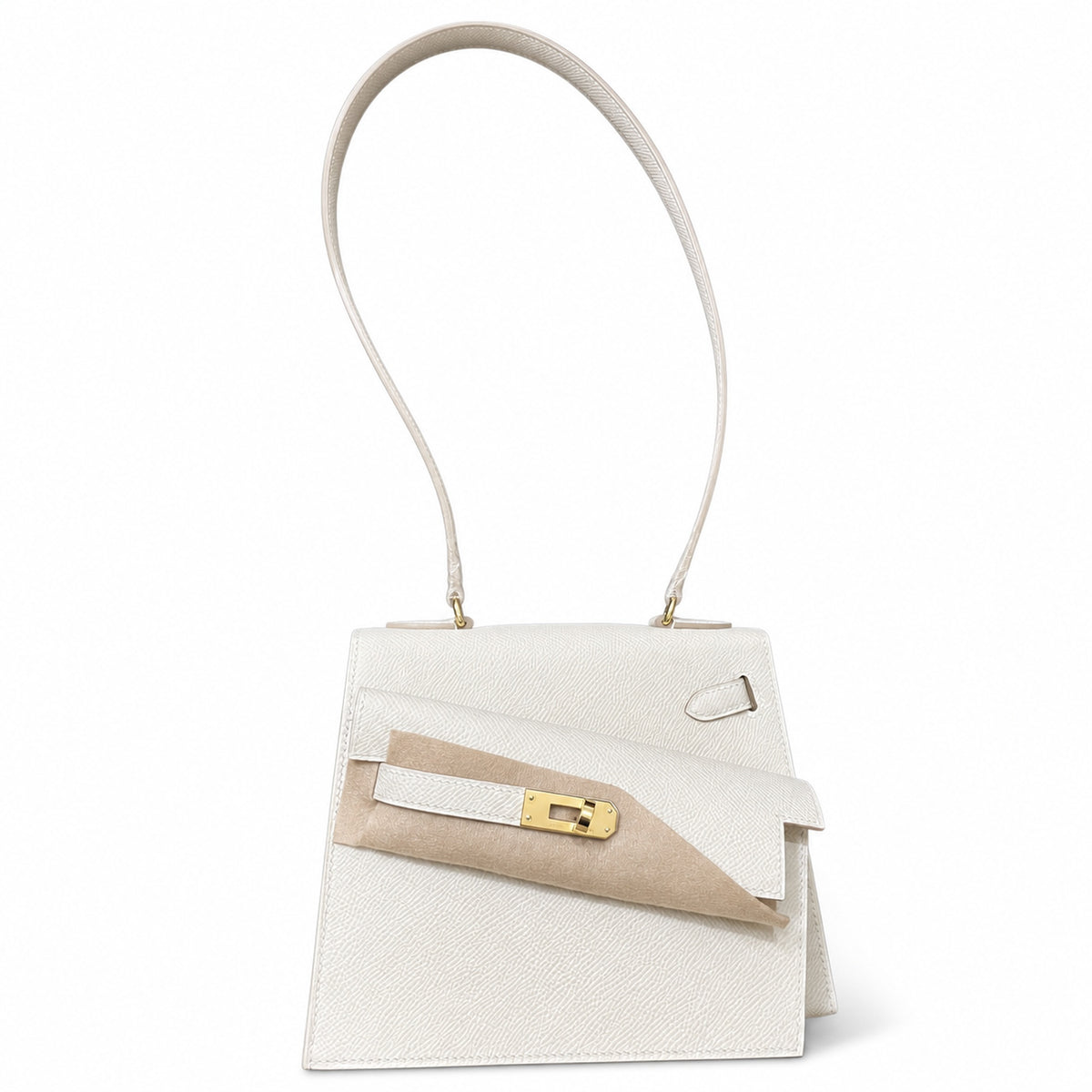 Kelly Desordre 20cm Sellier double-sided Epsom original palm print leather ck10 Milkshake White Craie Gold Buckle GHw top hand sewing — Double-Sided Structured Handbag