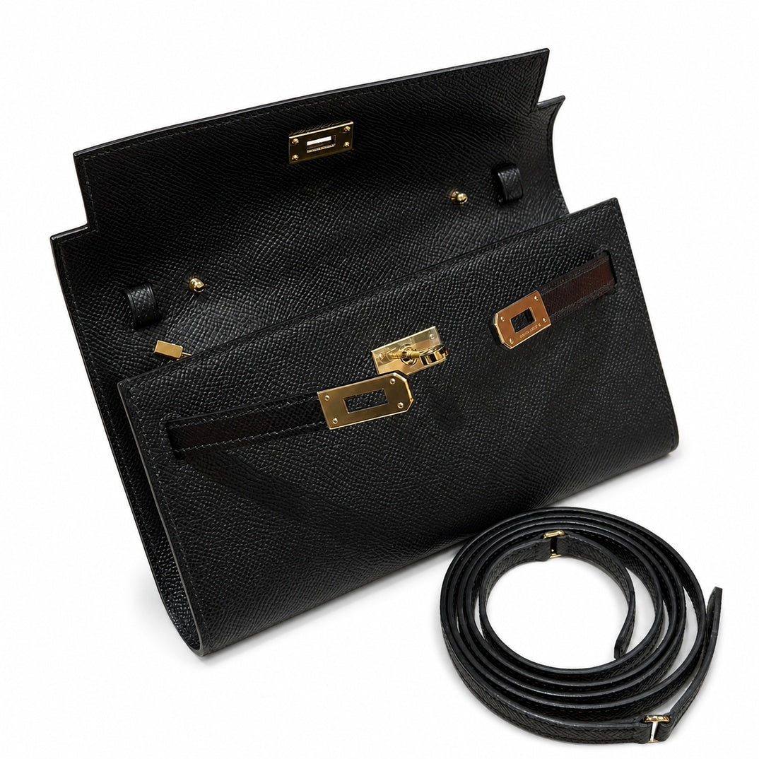 Refined Small Hand-Carry Bag: Kelly to go Color: ck89/Noir Size: 19*11.5*1.5cm Leather: Epsom Hardware: Gold shoulder crossbody bag, clutch bag, Black, cowhide, Gold Buckle
