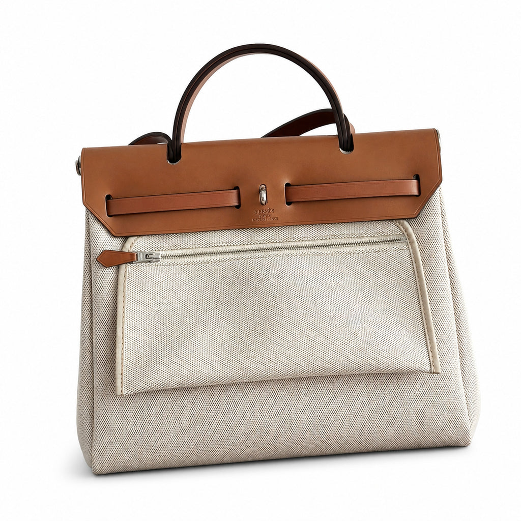 Canvas Shoulder Bag with Leather Accents: Herbag 31cm Saddle-Inspired Canvas Body with Leather Handle and Shoulder Strap