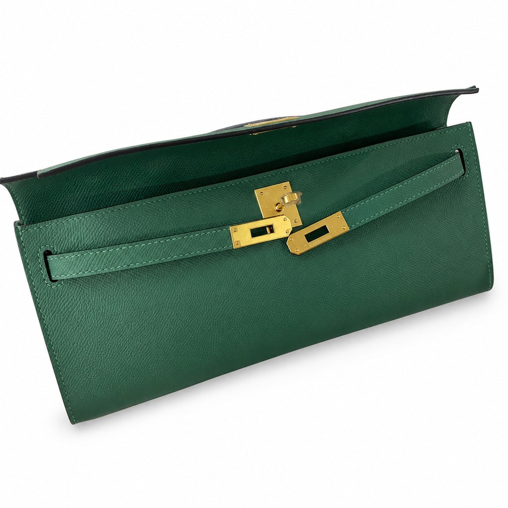 Kelly cut 31 clutch Epsom malachite green Gold Buckle — Refined Flat Clutch