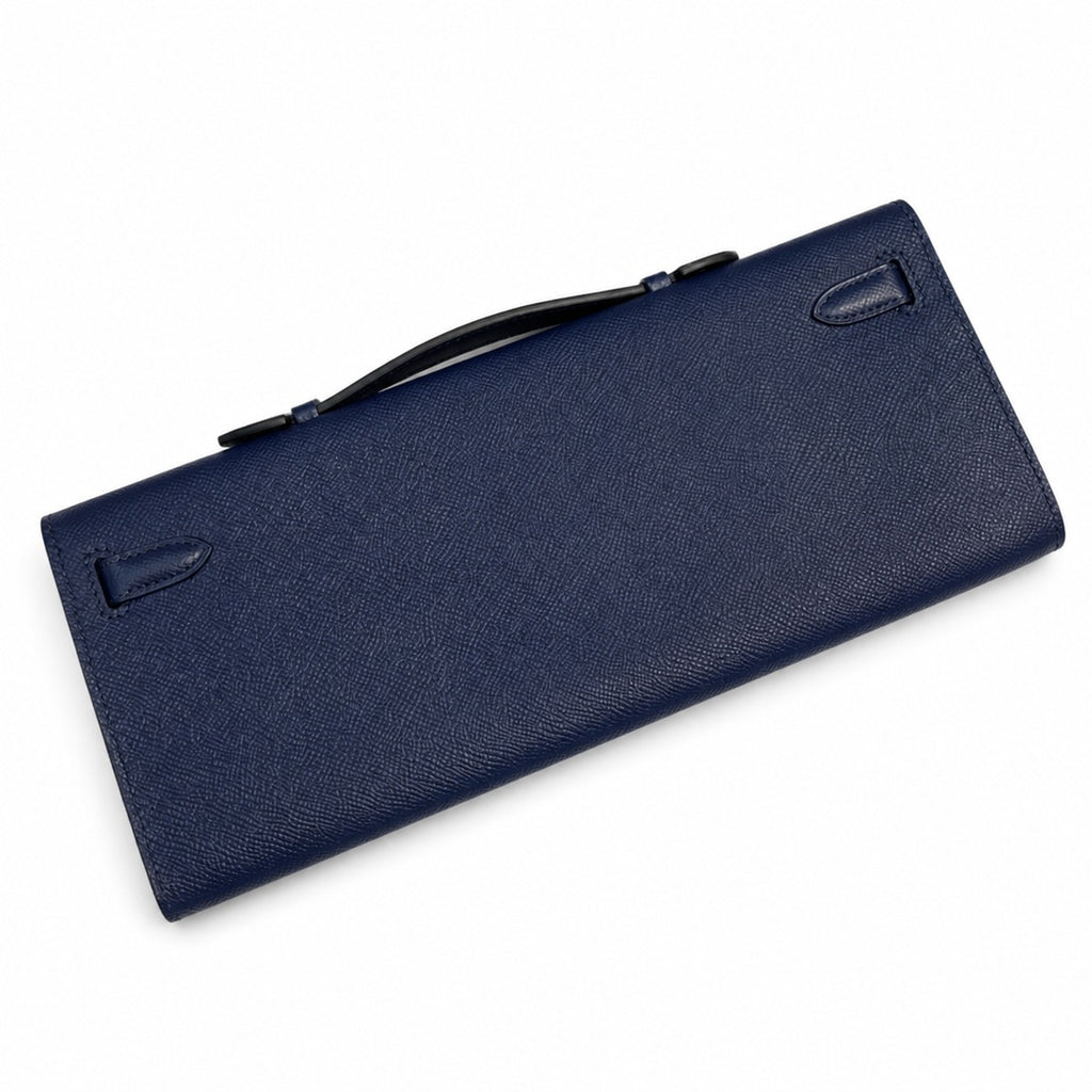Kelly cut clutch, evening bag, Epsom Leather, waxed thread hand-stitching, sapphire blue, Silver Buckle — Versatile Flat Handbag