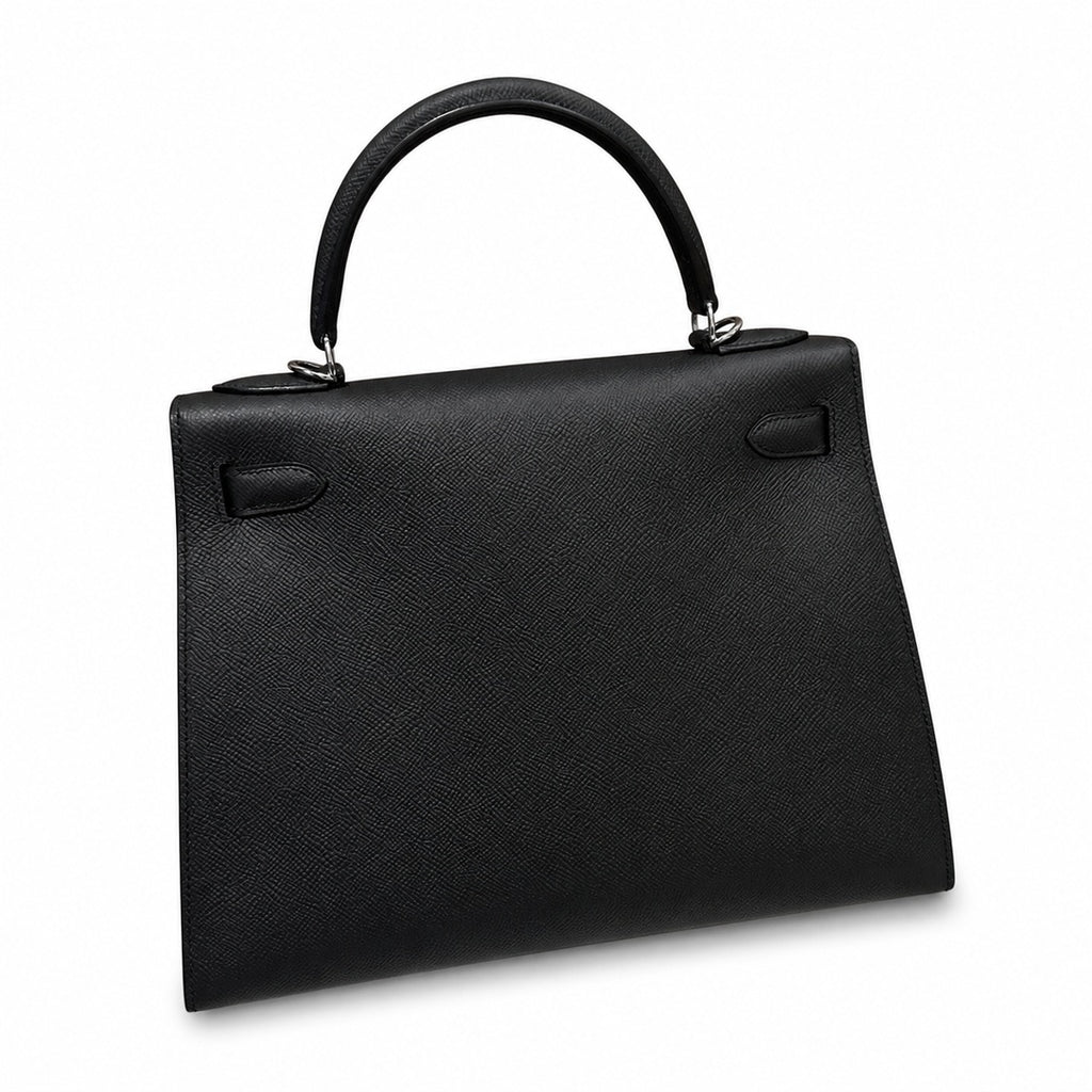 Timeless Top-Handle Design: Kelly 32cm in Black Epsom Leather with Silver Buckle Handmade