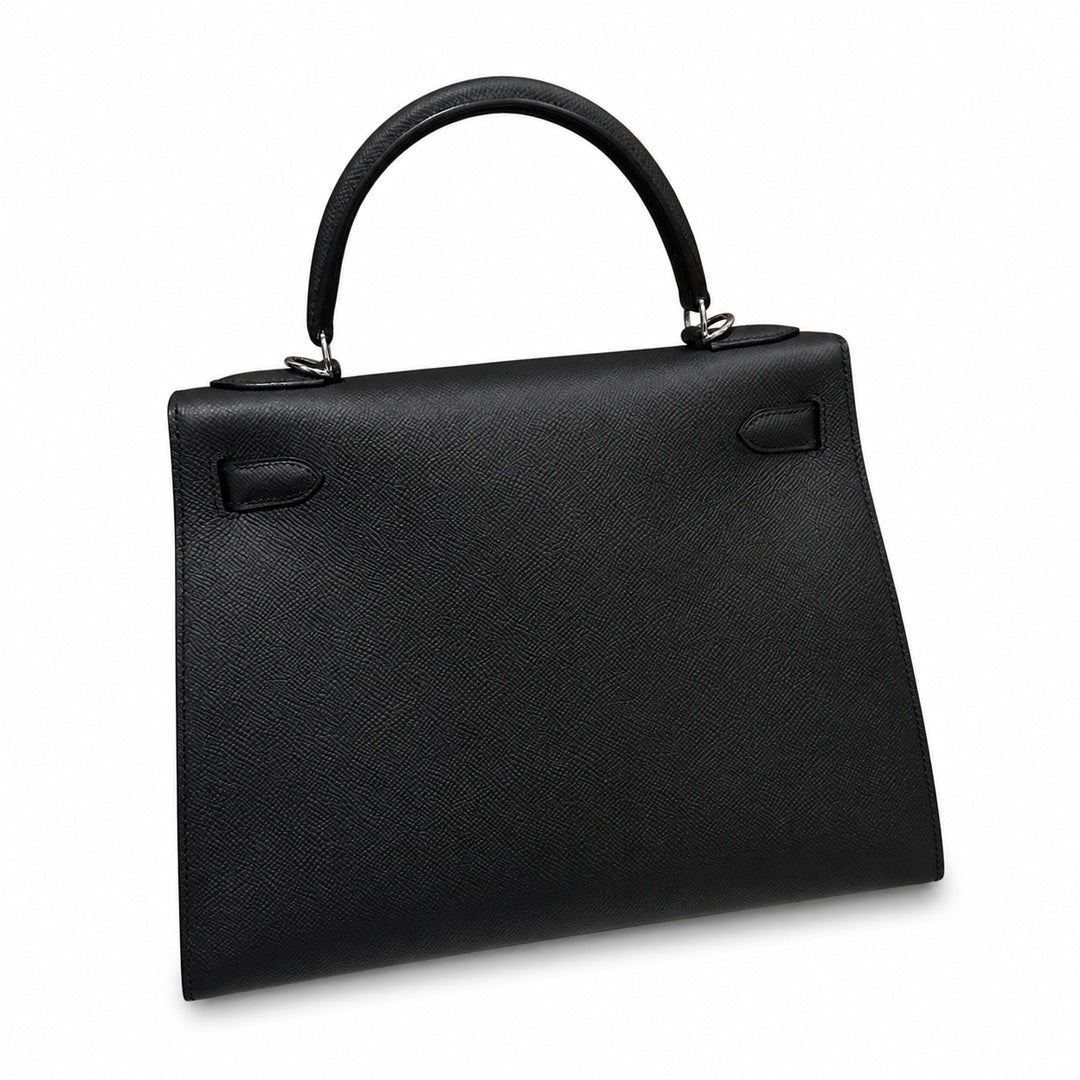 Timeless Top-Handle Design: Kelly 32cm in Black Epsom Leather with Silver Buckle Handmade
