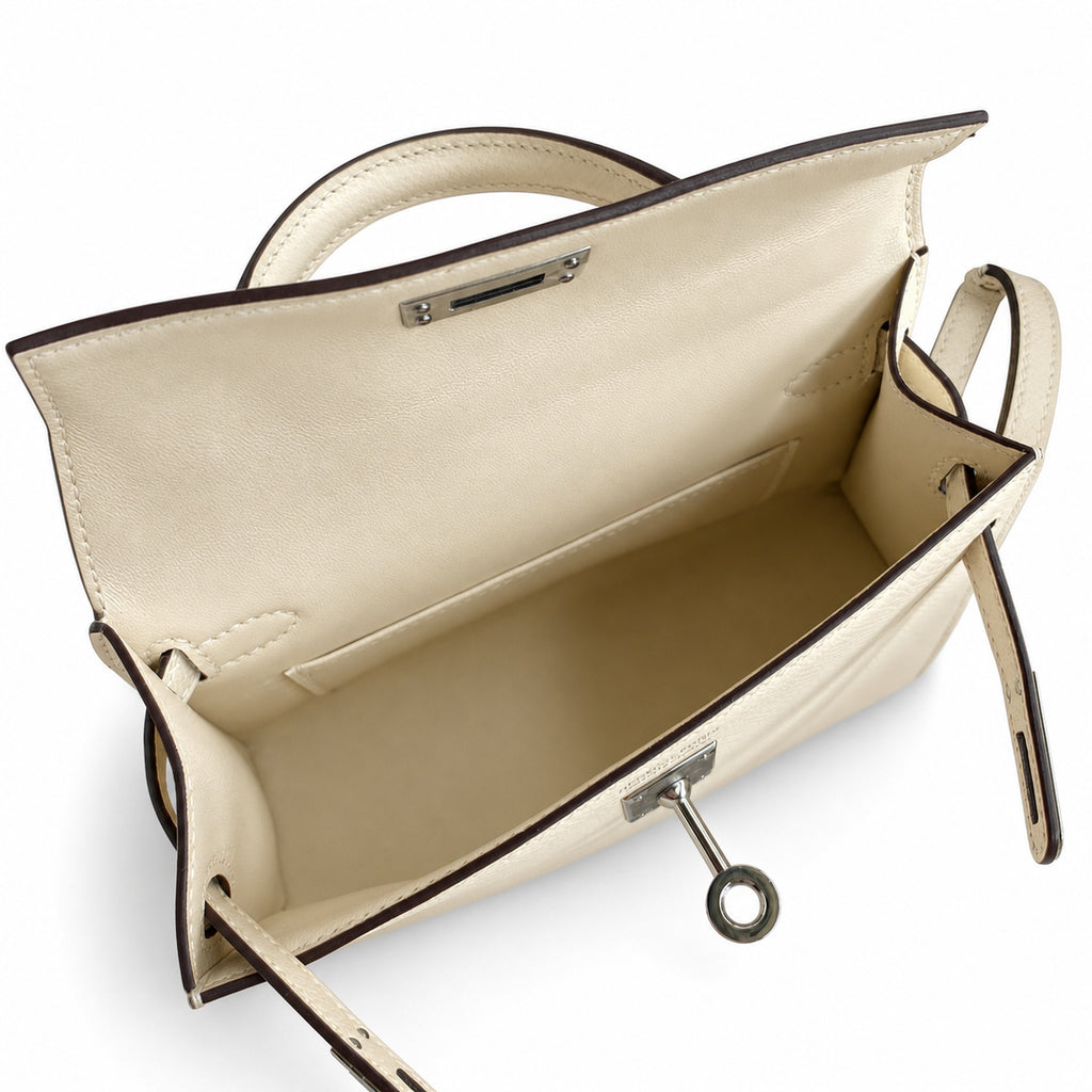 handmade Mini Kelly II 19cm imported Epsom Leather cream White Silver Buckle — Elegant Compact Carry Style