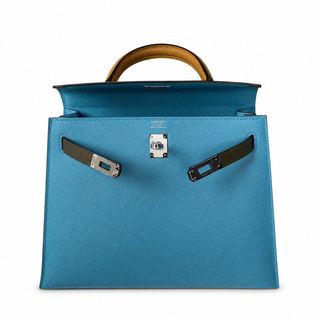 Classic Hand-Carry Silhouette: Kelly 25 northern blue color matching Epsom Silver Buckle handmade