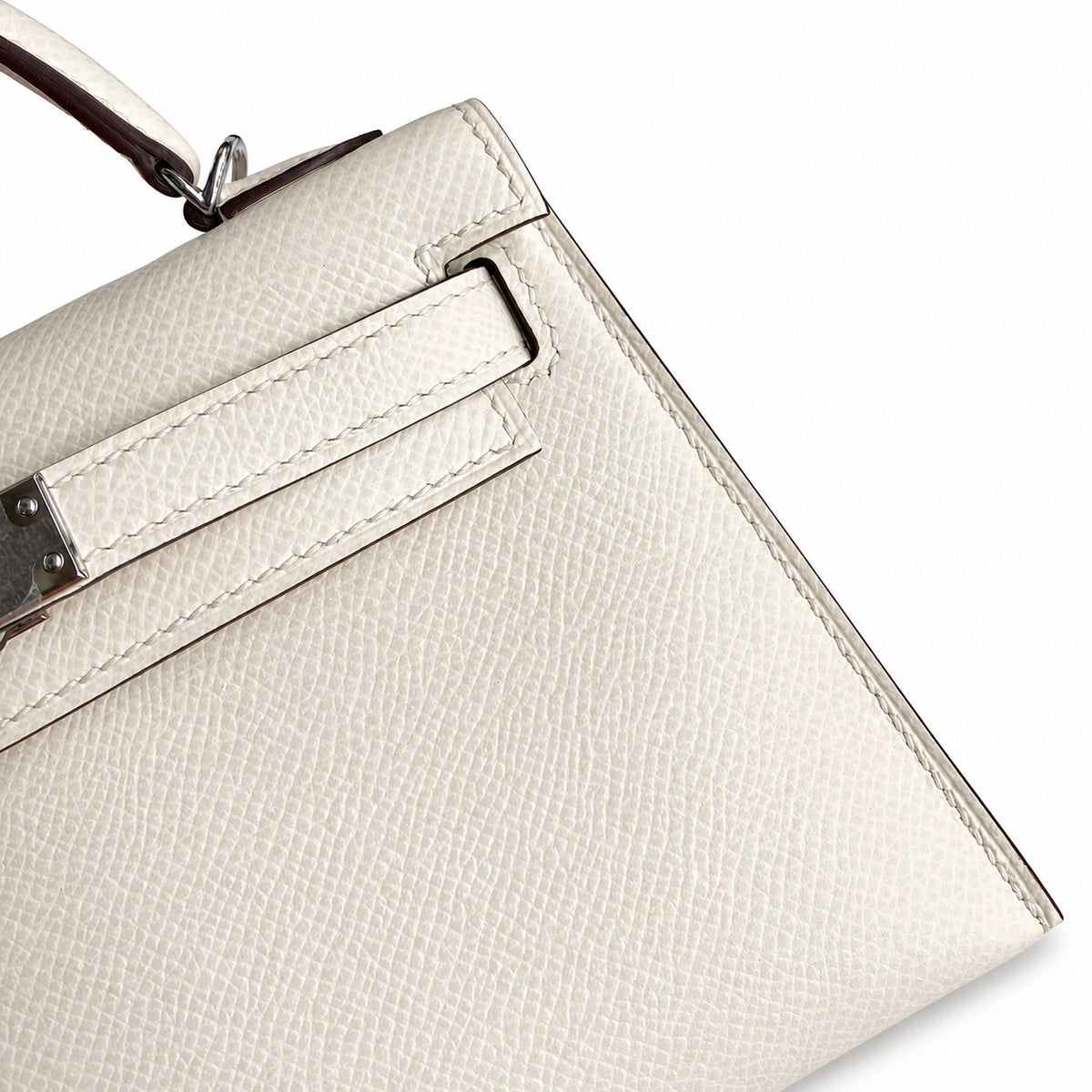 handmade Mini Kelly II 19cm imported Epsom Leather cream White Silver Buckle — Elegant Compact Carry Style