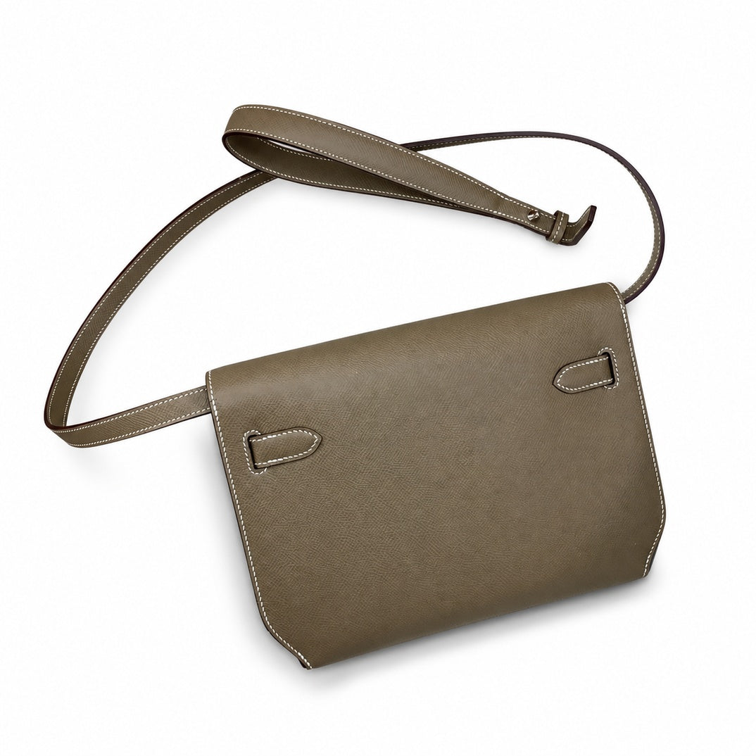 Kelly Depeches 25cm Epsom Leather, 18 Elephant Gray, Silver Buckle — Polished Convertible Bag