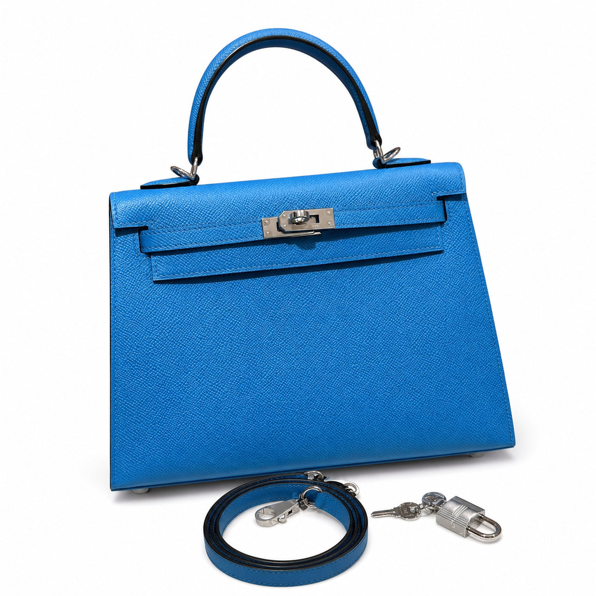 Kelly 25cm in Blue Epsom Leather with Silver Buckle Handmade — Timeless Top-Handle Design