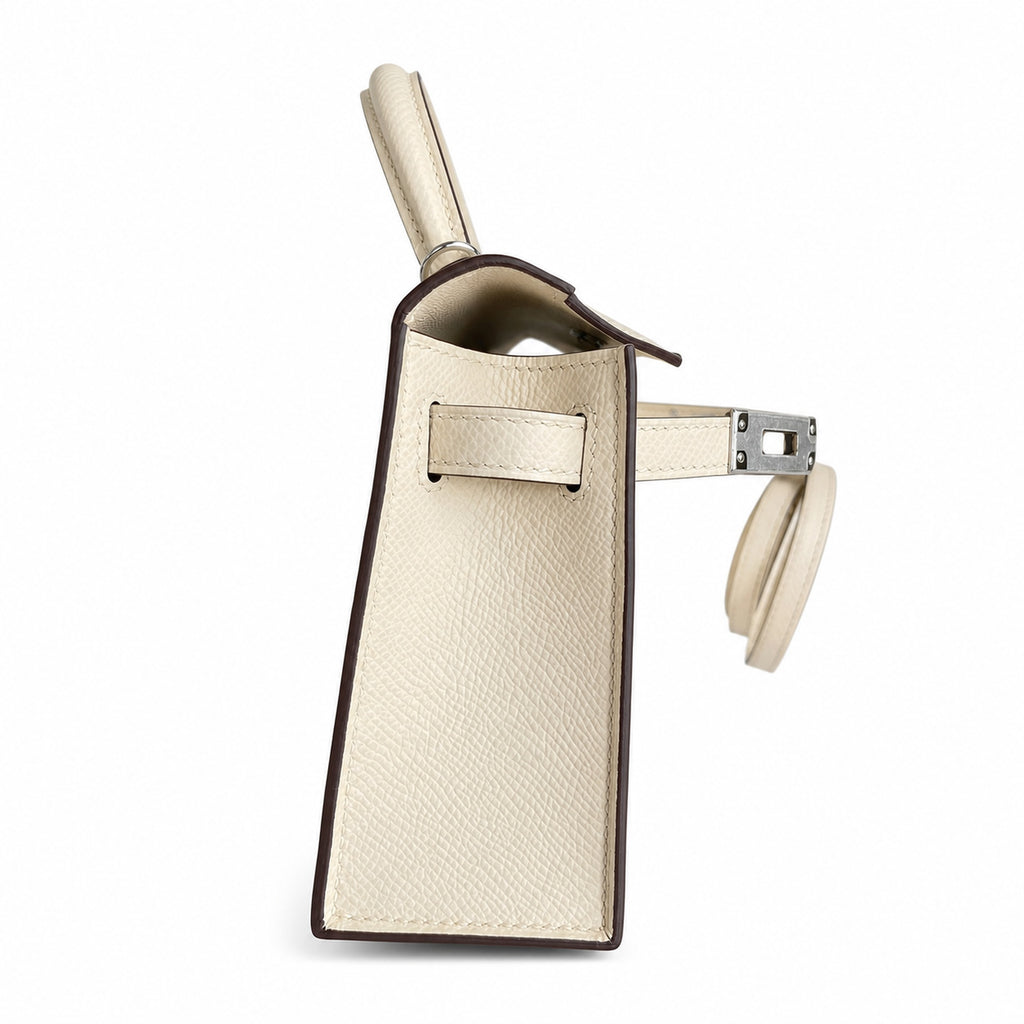 handmade Mini Kelly II 19cm imported Epsom Leather cream White Silver Buckle — Elegant Compact Carry Style