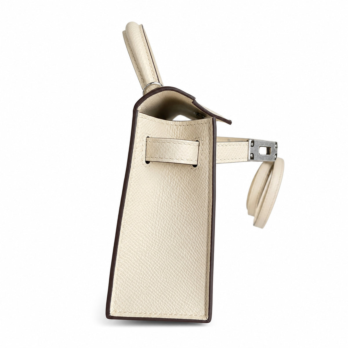 handmade Mini Kelly II 19cm imported Epsom Leather cream White Silver Buckle — Elegant Compact Carry Style