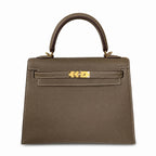 Kelly 25 Elephant Gray Epsom Gold Buckle, fully handmade with wax thread — Classic Hand-Carry Silhouette