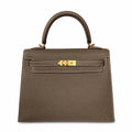 Classic Hand-Carry Silhouette: Kelly 25 Elephant Gray Epsom Gold Buckle, fully handmade with wax thread