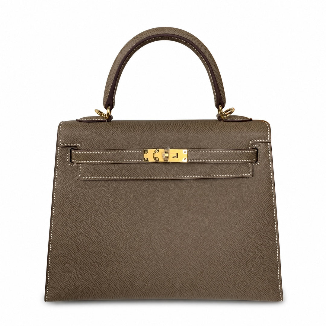 Classic Hand-Carry Silhouette: Kelly 25 Elephant Gray Epsom Gold Buckle, fully handmade with wax thread