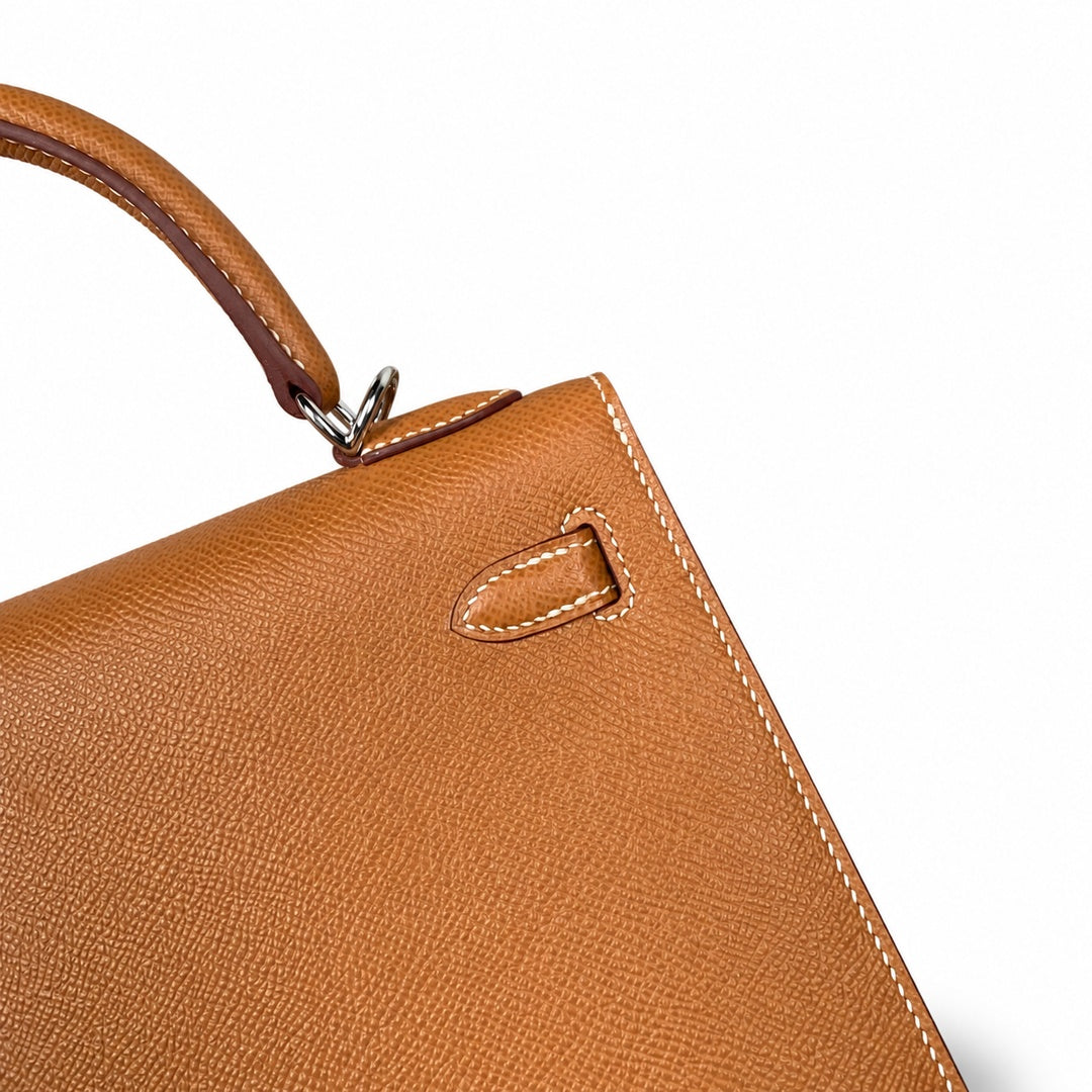 Sophisticated Carry Design: Kelly 25 Golden Brown Silver Buckle Epsom fully handmade wax thread