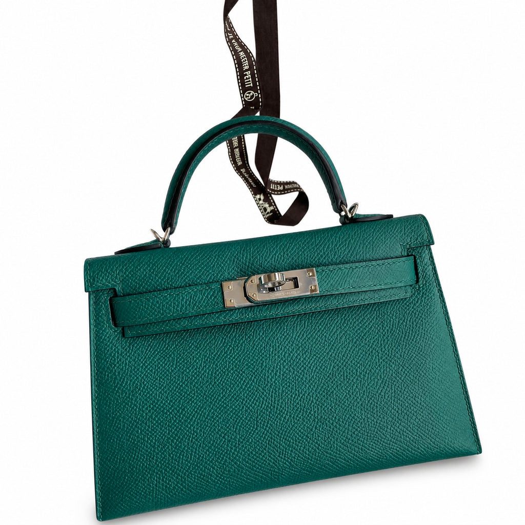 handmade Mini Kelly II 19cm imported Epsom Leather malachite green Silver Buckle — Compact Top-Handle Bag