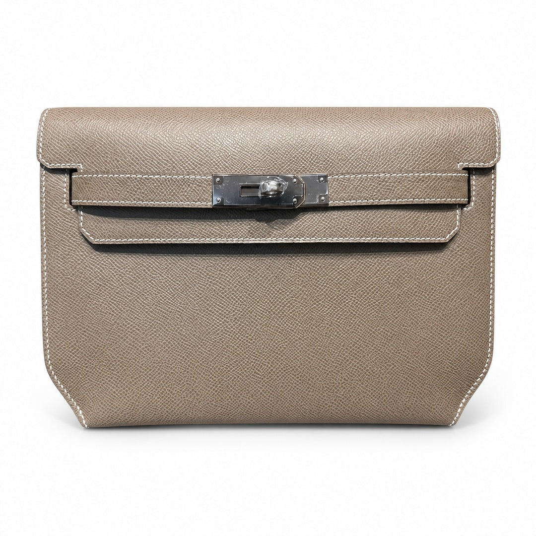 Kelly Depeches 25cm Epsom Leather 18 Etoupe Elephant Gray top handcraft — Refined Shoulder-Strap Clutch
