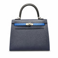 Kelly 25cm Epsom Leather 2Z Blue Nuit Midnight Blue with 89 Noir Black with 71 Bleu France French blue top handcraft — Structured Top-Handle Handbag