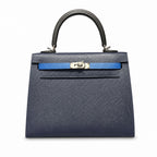 Kelly 25cm Epsom Leather 2Z Blue Nuit Midnight Blue with 89 Noir Black with 71 Bleu France French blue top handcraft — Structured Top-Handle Handbag