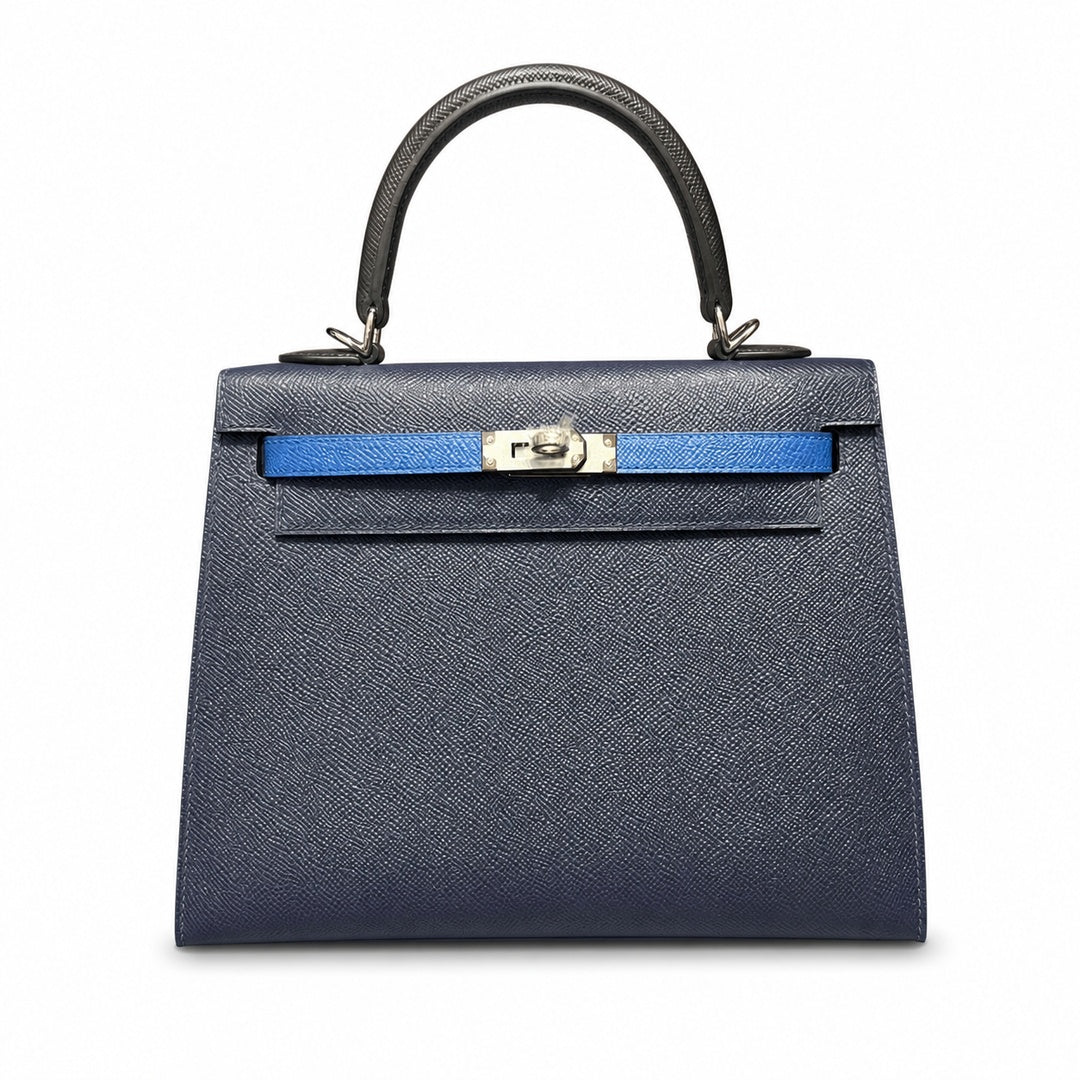 Kelly 25cm Epsom Leather 2Z Blue Nuit Midnight Blue with 89 Noir Black with 71 Bleu France French blue top handcraft — Structured Top-Handle Handbag