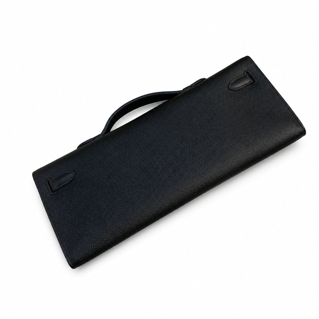 Distinctive Slim Carry Style: Kelly cut clutch evening bag Epsom Leather wax thread handmade Black Gold Buckle