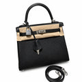 Kelly 25cm in Black Togo Leather with Silver Buckle Handmade — Streamlined Top-Handle Handbag