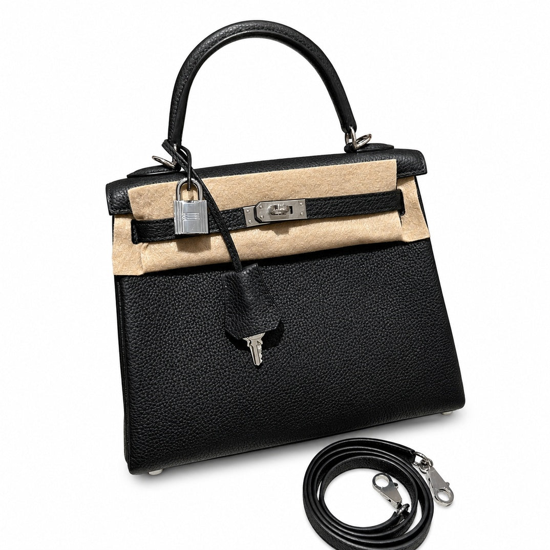 Kelly 25cm in Black Togo Leather with Silver Buckle Handmade — Streamlined Top-Handle Handbag