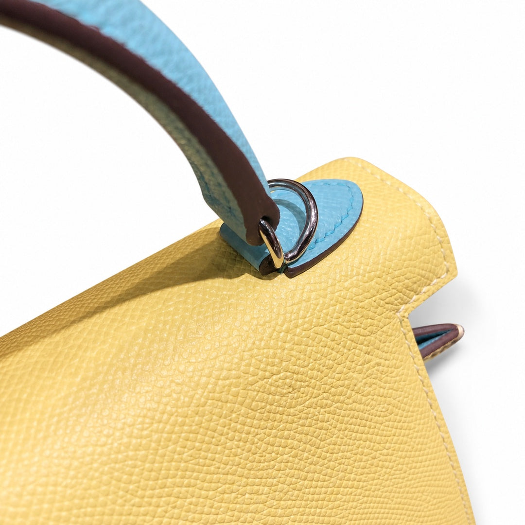 Kelly 28cm Epsom Leather C9 Soufre goose egg yolk 3P BlueAtoll macaron blue top handcraft — Polished Structured Handbag