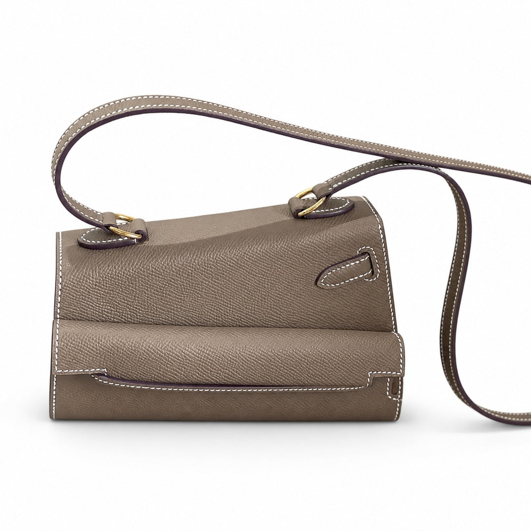 Kelly Double-Sided Epsom Leather in Elephant Gray with Gold Buckle — Distinctive Double-Sided Handbag