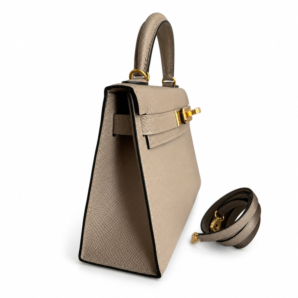 handmade Mini Kelly II 19cm imported Epsom Leather asphalt gray Gold Buckle — Small Structured Carry Style
