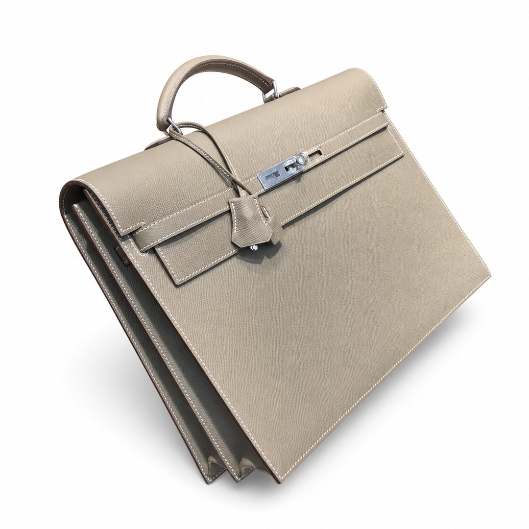 Kelly briefcase 38cm Epsom Leather 18 Etoupe Elephant Gray top handcraft — Polished Hand-Carry Briefcase