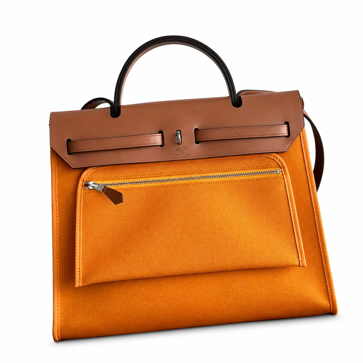 Polished Canvas-and-Leather Handbag: Herbag 31cm Saddle-Inspired Canvas Body with Leather Handle and Shoulder Strap