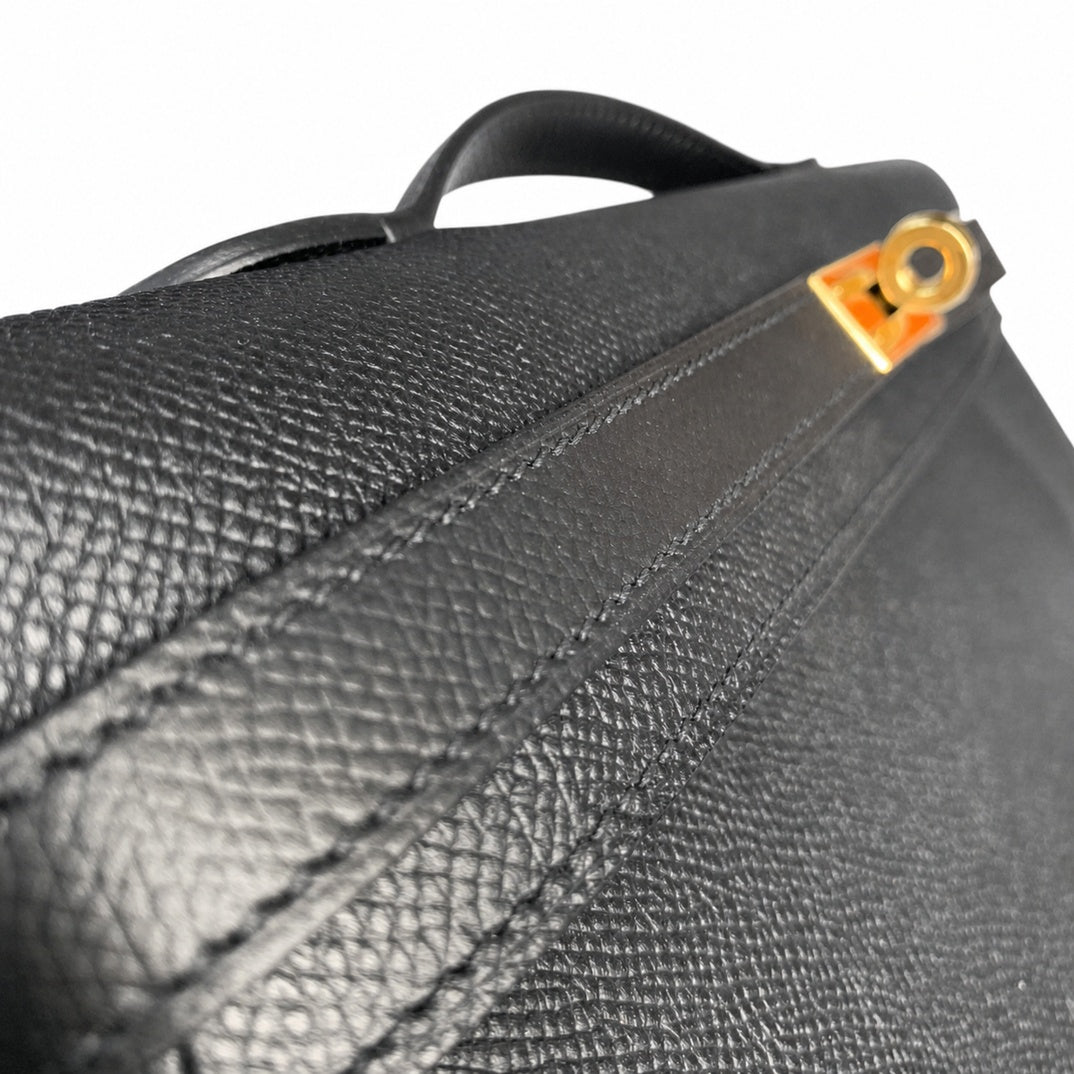 Distinctive Slim Carry Style: Kelly cut clutch evening bag Epsom Leather wax thread handmade Black Gold Buckle