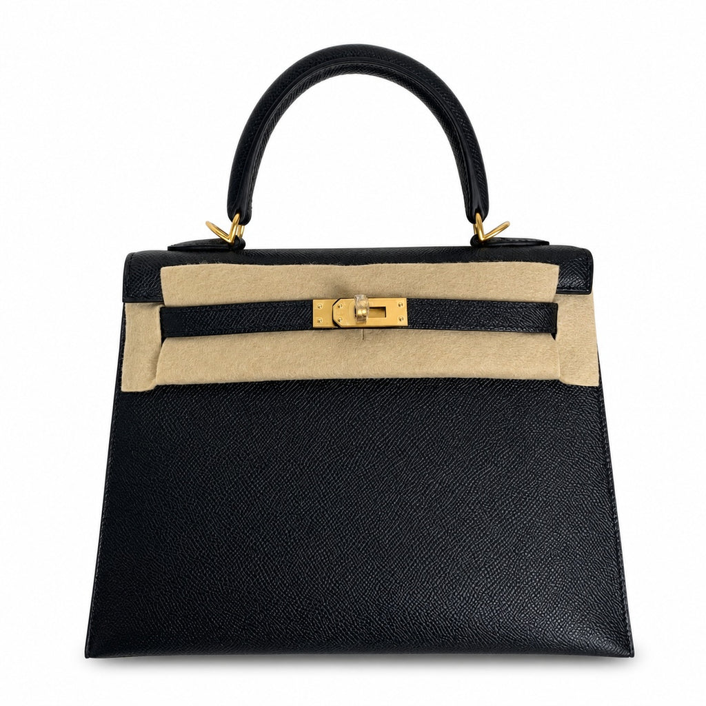 Kelly 25 Black Epsom Gold Buckle, fully handmade with wax thread — Polished Structured Handbag