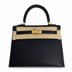 Kelly 25 Black Epsom Gold Buckle, fully handmade with wax thread — Polished Structured Handbag