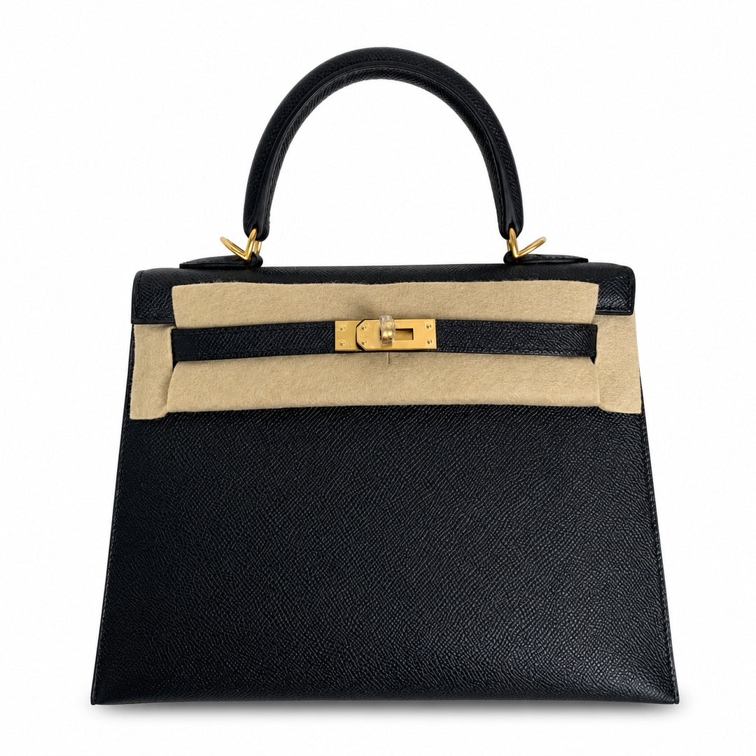 Kelly 25 Black Epsom Gold Buckle, fully handmade with wax thread — Polished Structured Handbag