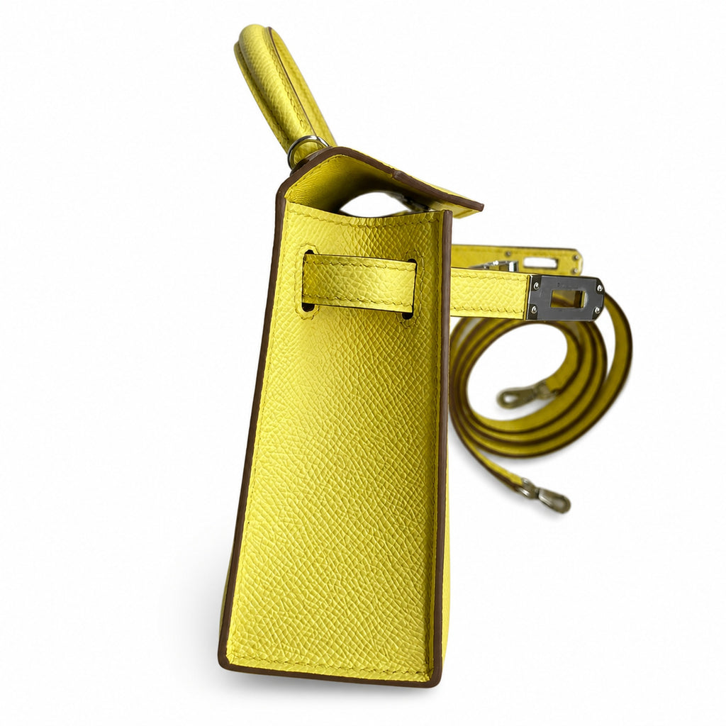 handmade Mini Kelly II 19cm imported Epsom Leather lemon yellow Silver Buckle — Streamlined Mini Handbag