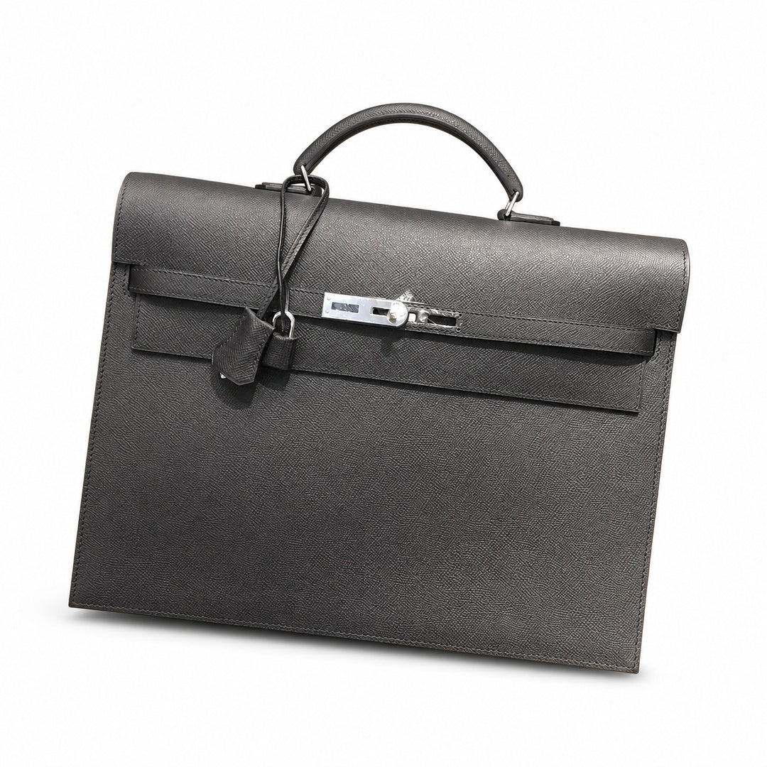 Kelly briefcase 38cm Epsom Leather 89 Noir Black top handcraft — Refined Business Carryall