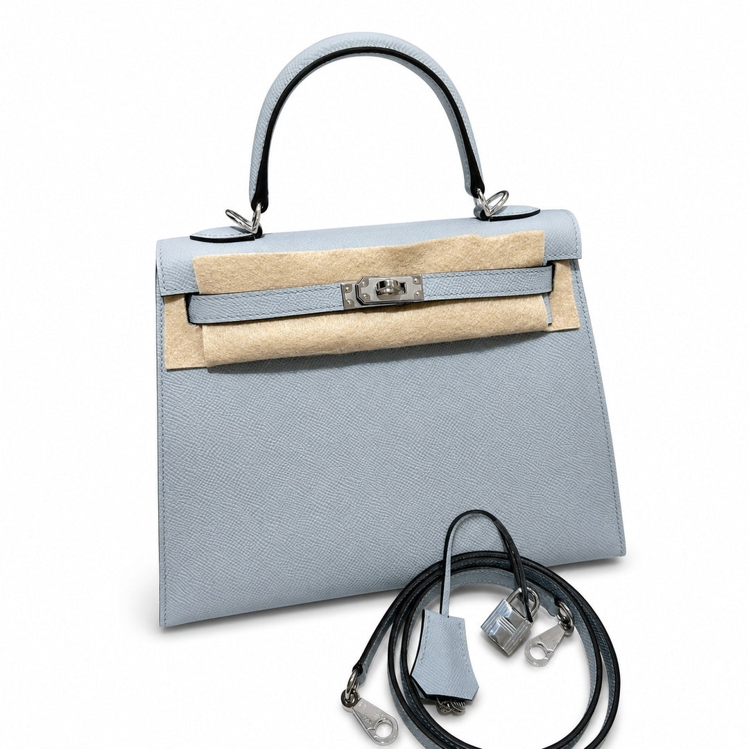 Kelly 25cm in Blue Epsom Leather with Silver Buckle Handmade — Refined Top-Handle Bag