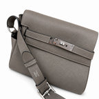 Kelly Messenger messenger bag for men and women, pewter gray Silver Buckle, imported leather, all-steel hand-waxed thread, the highest — Refined Top-Handle Bag