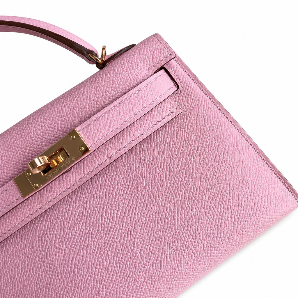 handmade Mini Kelly II 19cm imported Epsom Leather, malva purple, Rose Gold Buckle — Sophisticated Small-Scale Bag